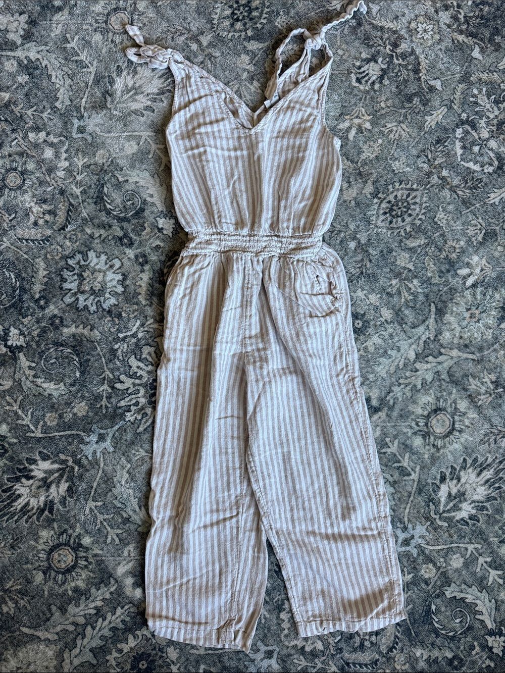 a new day Cream & White Striped Smocked Waist Jumpsuit